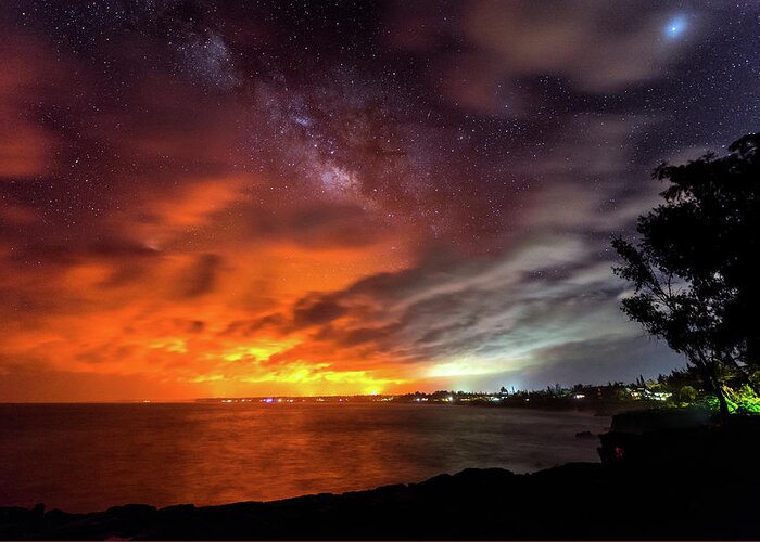 Big Island Greeting Card featuring the photograph Kaloli Point Lava Glow and Milky Way by Jason Chu