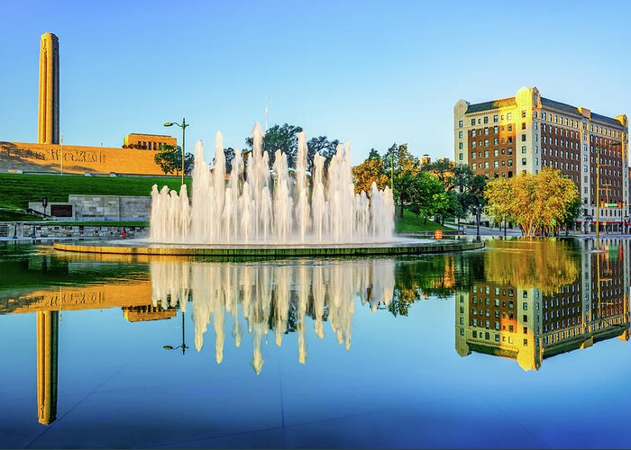 America Greeting Card featuring the photograph Kansas City War Memorial Fountain Reflections by Gregory Ballos