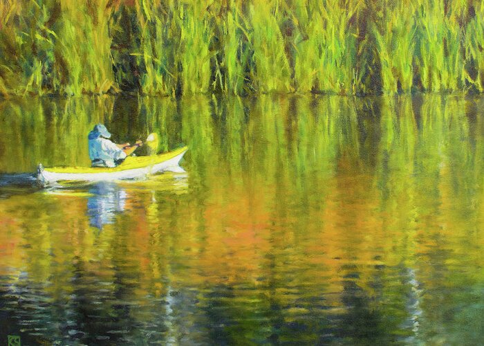 Kayak Greeting Card featuring the painting Kayaking Lafayette Reservoir by Kerima Swain