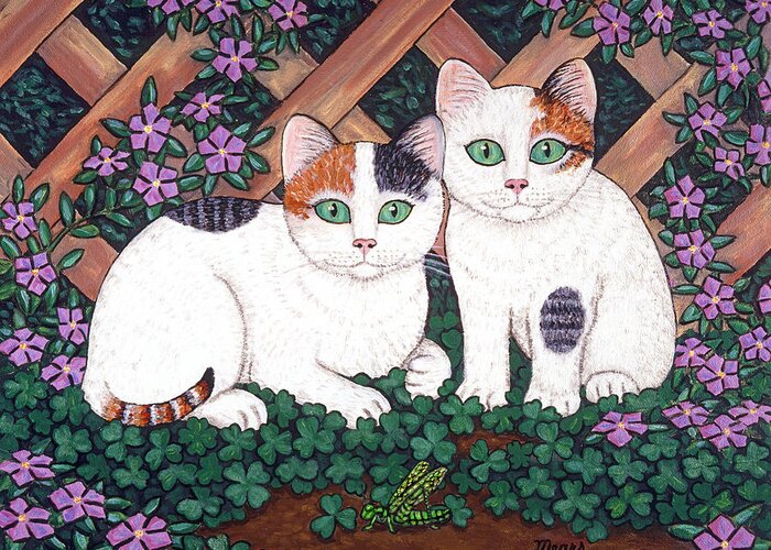 Cats Greeting Card featuring the painting Kittens and Clover by Linda Mears