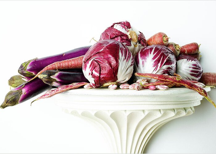 White Background Greeting Card featuring the photograph Kohlrabi, Eggplant And Carrots by Chris Stein