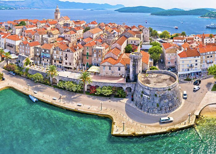 Korcula Greeting Card featuring the photograph Korcula. Historic town of Korcula aerial panoramic view by Brch Photography