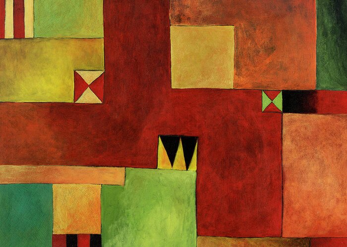 Contemporary Piece Consisting Of Squares And Triangles In Various Shapes And Colors (colors Include: Red Greeting Card featuring the mixed media L-14 by Pablo Esteban