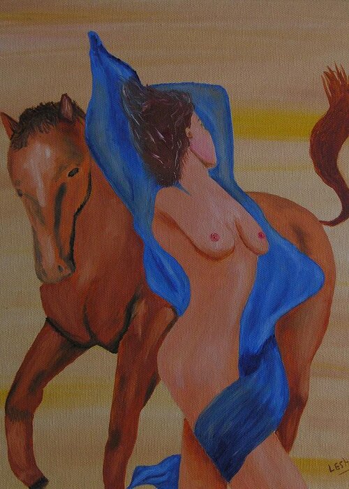 Lady Greeting Card featuring the painting Lady and Horse by Jim Lesher