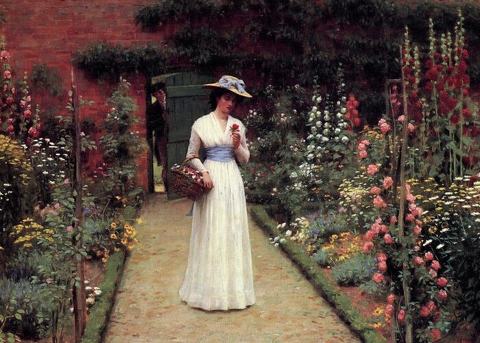 Pre-raphaelite Greeting Card featuring the painting Lady in the Garden by Edmund Blair Leighton