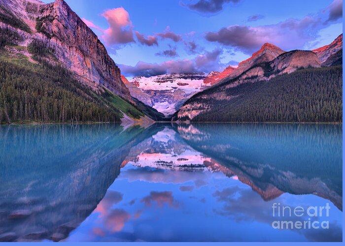 Lake Louise Greeting Card featuring the photograph Lake Louise Summer Sunrise Reflections by Adam Jewell