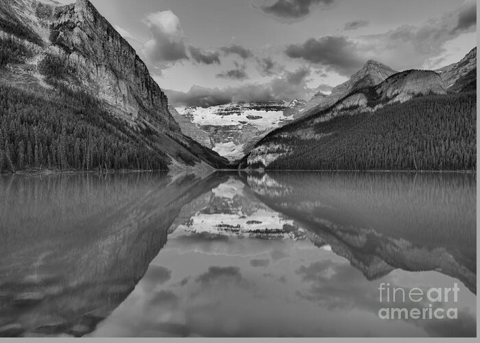 Lake Louise Greeting Card featuring the photograph Lake Louise Summer Sunrise Reflections Black And White by Adam Jewell