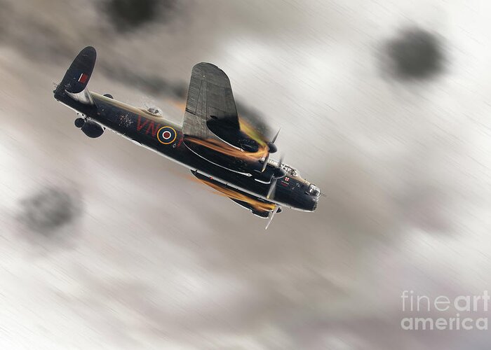 Lancaster Bomber Greeting Card featuring the photograph Lancaster bomber on fire crashing by Simon Bratt
