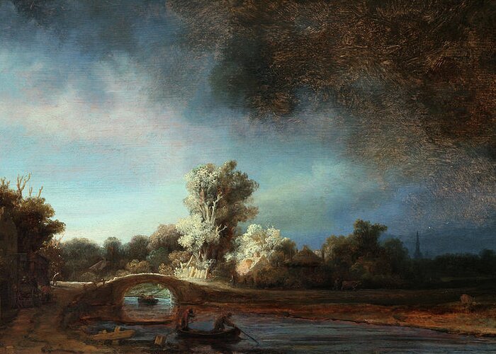Landscape With A Stone Bridge Greeting Card featuring the painting Landscape with a Stone Bridge by Rembrandt van Rijn by Rolando Burbon