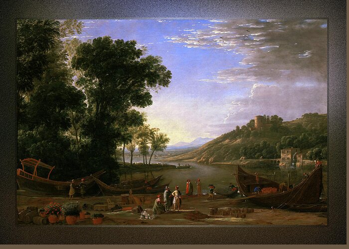 Landscape With Merchants Greeting Card featuring the painting Landscape with Merchants by Claude Lorrain by Rolando Burbon