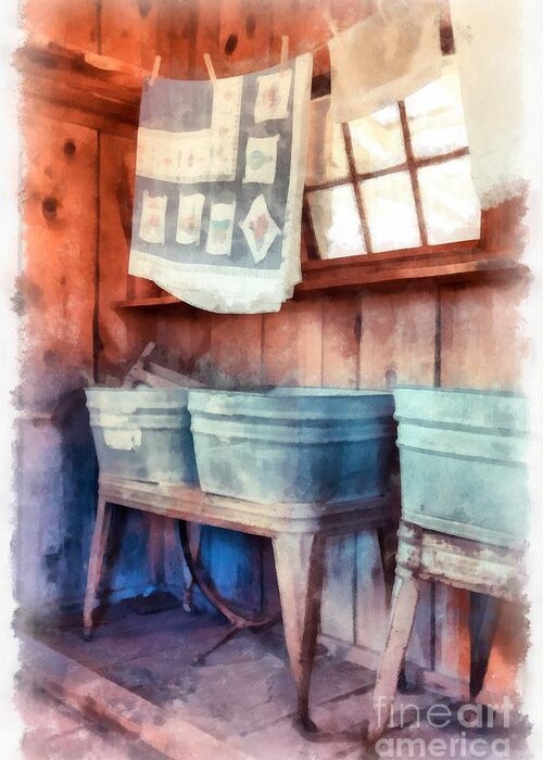 Watercolor Greeting Card featuring the digital art Laundry Day Wash Tubs by Edward Fielding