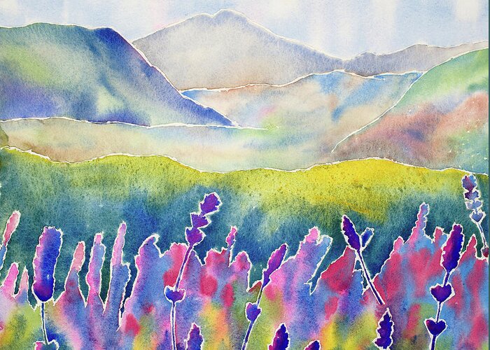 Watercolor Greeting Card featuring the painting Fresh Lavender by Mary Giacomini
