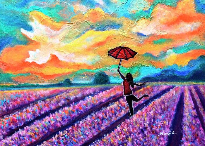 Lavenderfield Greeting Card featuring the painting Lavender Field walk-Girl with umbrella by Manjiri Kanvinde