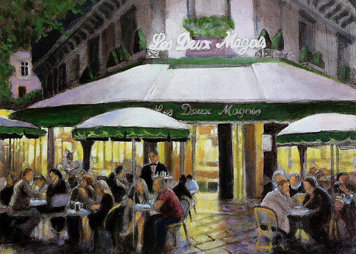 Paris Cafe Greeting Card featuring the painting Le Deux Magots Bon Nuit by David Zimmerman