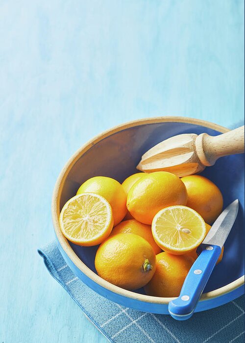 Lemons Greeting Card featuring the photograph Lemons in a blue bowl by Cuisine at Home