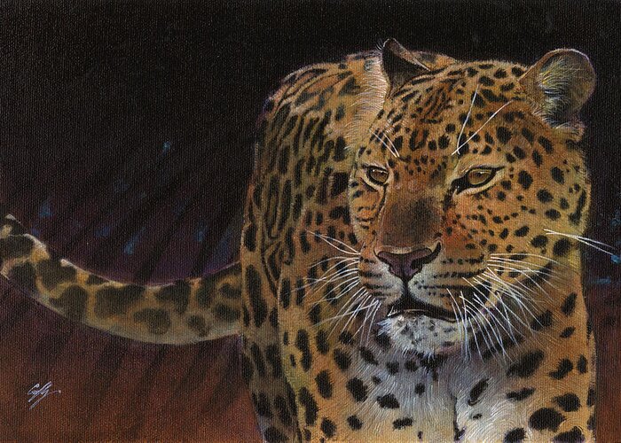Leopard Greeting Card featuring the painting Leopard by Durwood Coffey