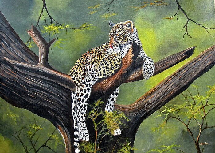 Africa Greeting Card featuring the painting Leopard in a Tree by Wycliffe Ndwiga