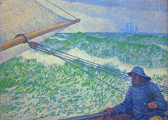 Theo Van Rysselberghe Greeting Card featuring the painting L'homme a la barre - Man at the helm. Canvas -1892- 60.2 x 80.3 cm R.F. 1976-79. by Theo van Rysselberghe -1862-1926-