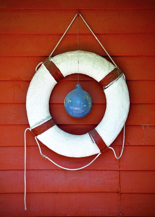 Hanging Greeting Card featuring the photograph Life Buoy Hanging On Wall by The Rich Earthy Tones Of Terracotta