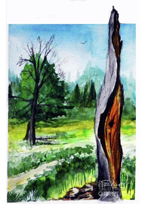 Sherril Porter Greeting Card featuring the painting Lightening Strike Tree by Sherril Porter