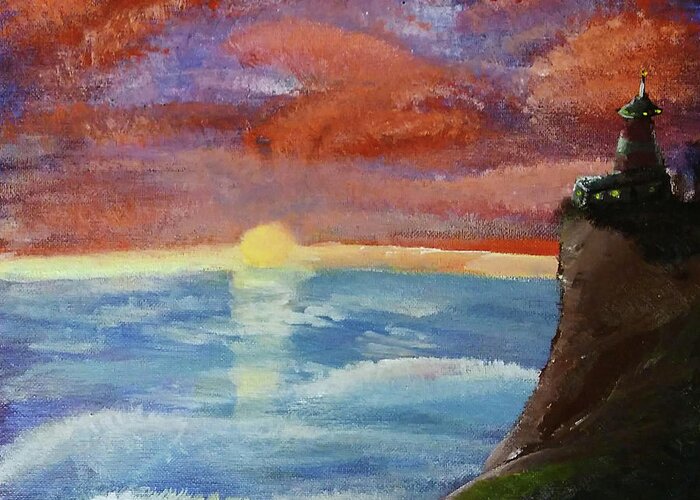 Light House Greeting Card featuring the painting Lighthouse at Dawn by Chance Kafka