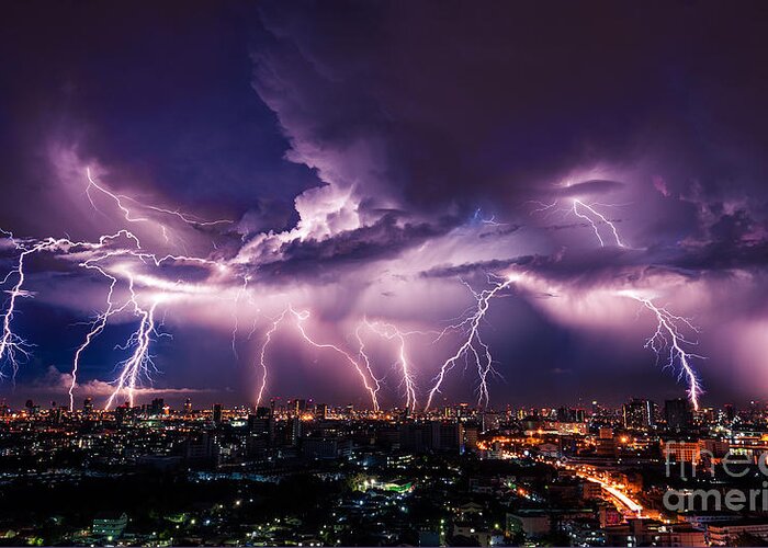 Flare Greeting Card featuring the photograph Lightning Storm Over City In Purple by Vasin Lee