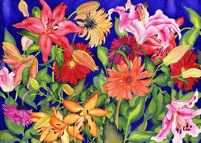 Lilies And Gerbers Greeting Card featuring the painting Lilies And Gerbers by Carissa Luminess