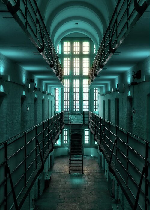 Lincoln Greeting Card featuring the digital art Lincoln Castle Prison In Blue by Scott Lyons