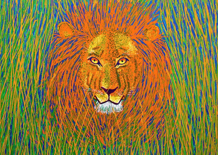 Lion Greeting Card featuring the painting Lion in the Grass by David Arrigoni