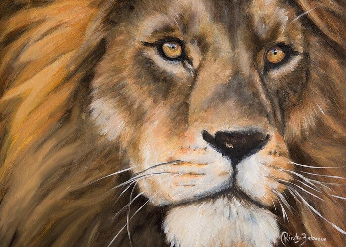 Lion Greeting Card featuring the painting Lion by Kirsty Rebecca