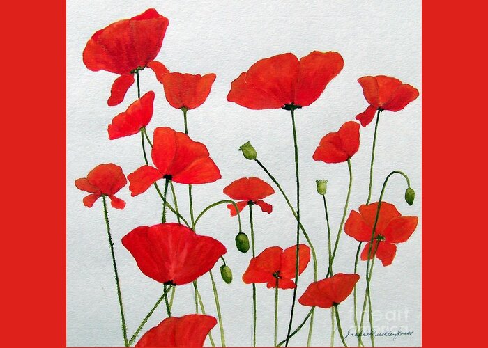 Red Greeting Card featuring the painting Litter of Poppies by Jackie Mueller-Jones