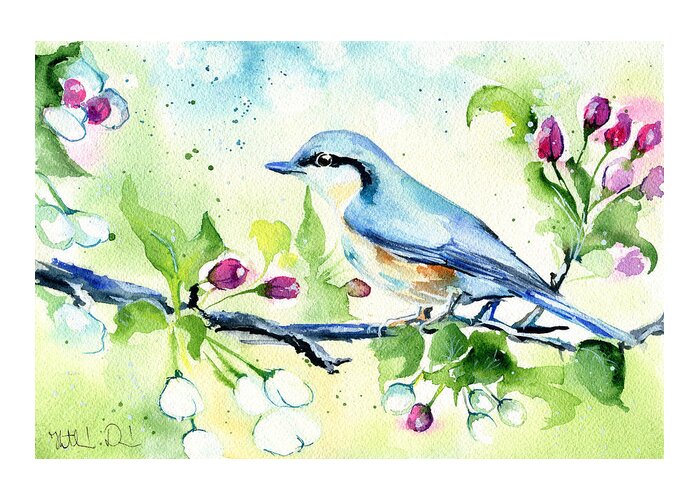 Spring Greeting Card featuring the painting Little Blue Spring Bird by Dora Hathazi Mendes