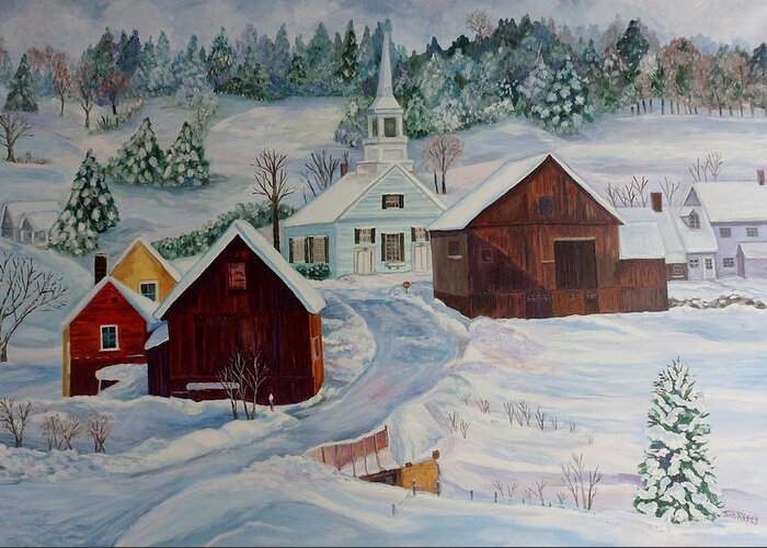 Snow Scene Greeting Card featuring the painting Little Church in Waits River VT by Julie Brugh Riffey