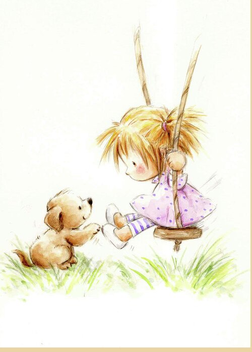 Little Girl On Swing With Dog Greeting Card featuring the mixed media Little Girl On Swing With Dog by Makiko