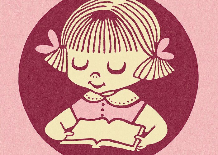 Book Greeting Card featuring the drawing Little Girl Reading by CSA Images