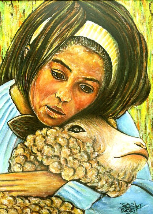 Little Girl With Lamb Greeting Card featuring the painting Little Girl With Lamb by Jackie Nourigat