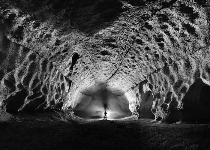 Cave Greeting Card featuring the photograph Little Man In The Underworld by Christian Roustan (kikroune)