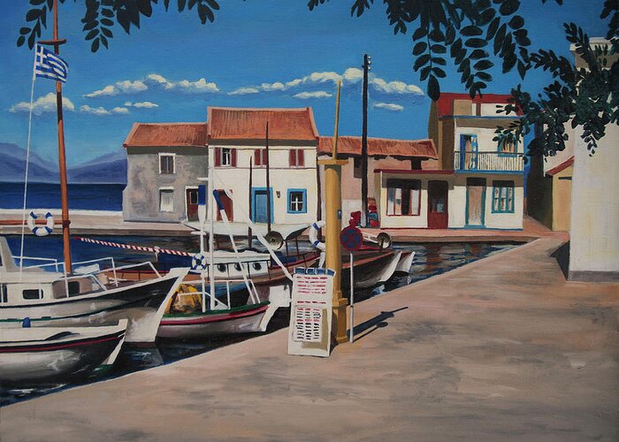 Paxos Greeting Card featuring the painting Loggos harbour 1988 by Nop Briex