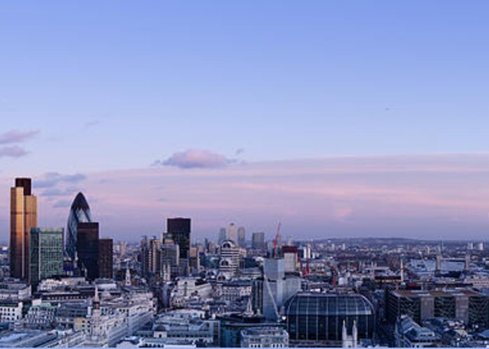 Financial Building Greeting Card featuring the photograph London Skyline Dusk Panorama by Dynasoar