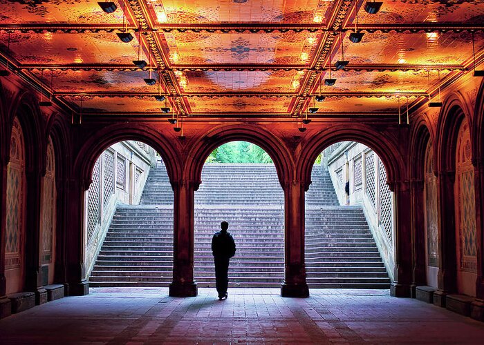 Arch Greeting Card featuring the photograph Lone Traveler Through Central Park by Raqeebul Ketan