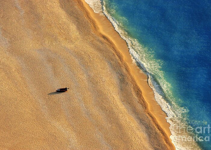 No Greeting Card featuring the photograph Lonely Boat On A Beach With Aerial View by Astrostar