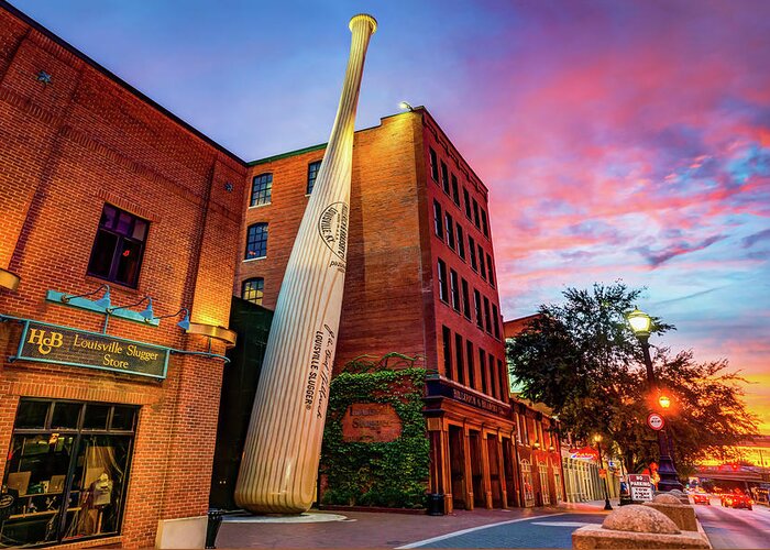 America Greeting Card featuring the photograph Iconic Louisville Kentucky Baseball Bat Under Vibrant Skies Of Fire by Gregory Ballos