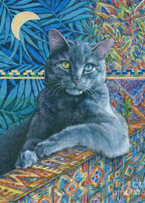 Cat Feline Moon Luna Blue Blues Colorful Portrait Ikat Gato Chat Azure Greeting Card featuring the painting Luna Blue Cat by Jane Bucci
