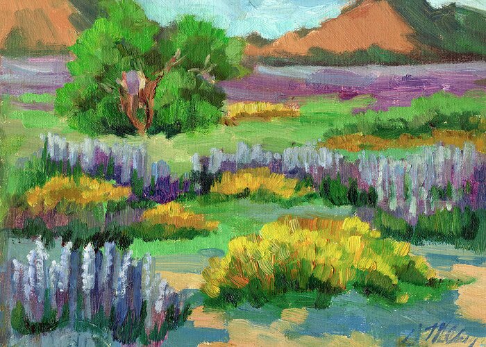 Lupine Greeting Card featuring the painting Lupine and Desert Sunflowers at Cottonwood by Diane McClary