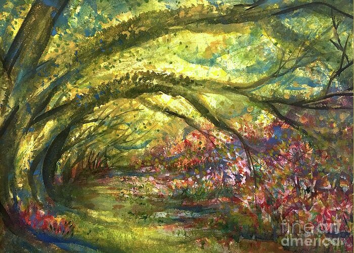 Impressionistic Floral Landscape Louisiana Watercolor Abstract Impressionism Water Bayou Lake Verret Blue Set Design Iris Abstract Painting Abstract Landscape Purple Trees Fishing Painting Bayou Scene Cypress Trees Swamp Bloom Elegant Flower Watercolor Coastal Bird Water Bird Interior Design Imaginative Landscape Oak Tree Louisiana Abstract Impressionism Set Design Fort Worth Texas Greeting Card featuring the painting LusciousPath by Francelle Theriot