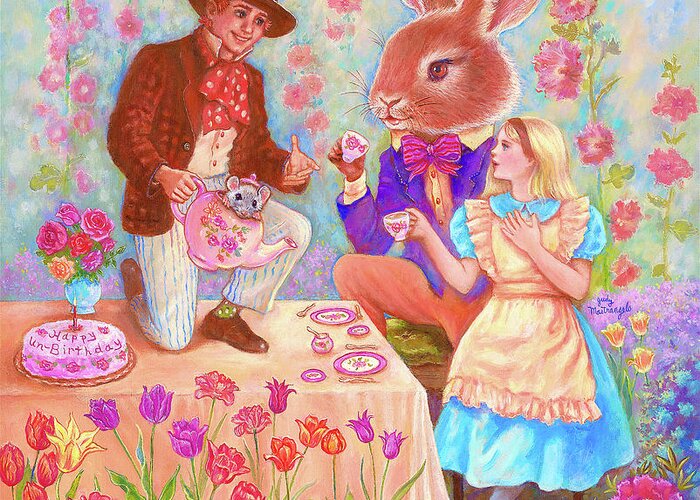 Mad Hatters Tea Party Greeting Card featuring the painting Mad Hatters Tea Party by Judy Mastrangelo