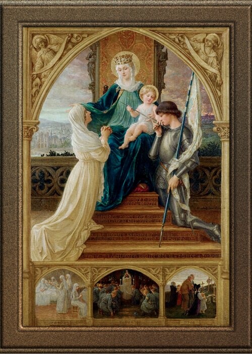 Madonna And Child Greeting Card featuring the painting Madonna and Child Seated Between St. Genevieve and Joan Of Arc by Elisabeth Sonrel by Rolando Burbon