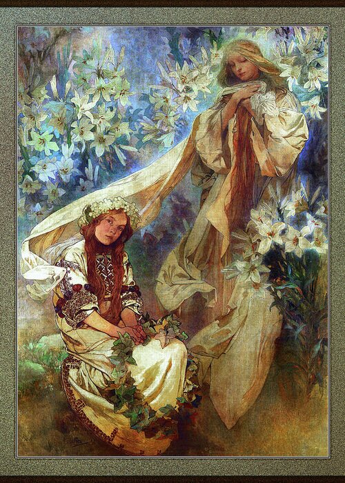 Madonna Of The Lilies Greeting Card featuring the painting Madonna of the Lilies by Alphonse Mucha by Rolando Burbon