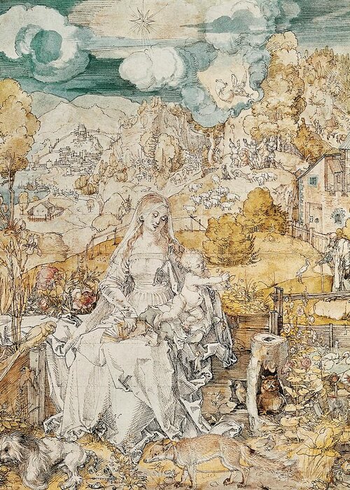 Albrecht Durer Greeting Card featuring the painting Madonna with a Multitude of Animals. Watercolour. by Albrecht Durer -1471-1528-