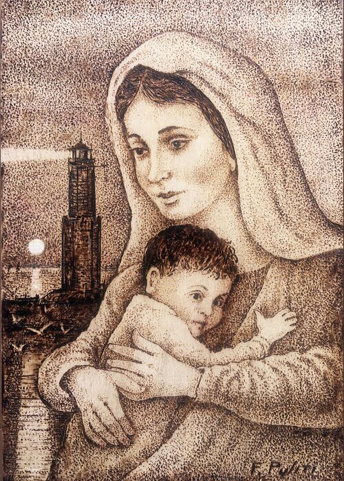 Pyrography Greeting Card featuring the pyrography Madonna with Lighthouse by Franco Puliti